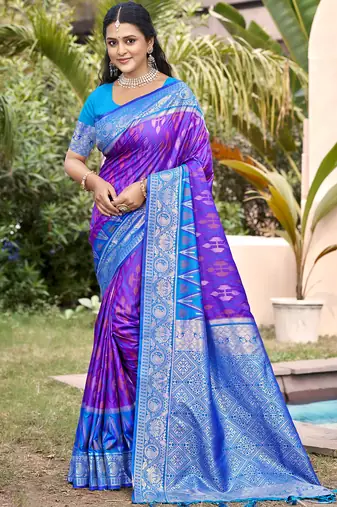 purple color pochampalli silk blend fabric woven designer ethnic partywear saree