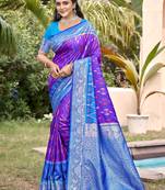 purple color pochampalli silk blend fabric woven designer ethnic partywear saree