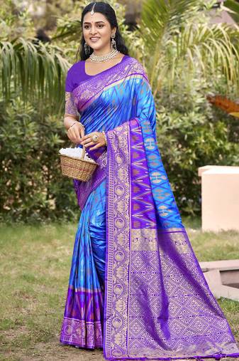 sky blue color pochampalli silk blend fabric woven designer ethnic partywear saree