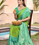 olive color pochampalli silk blend fabric woven designer ethnic partywear saree