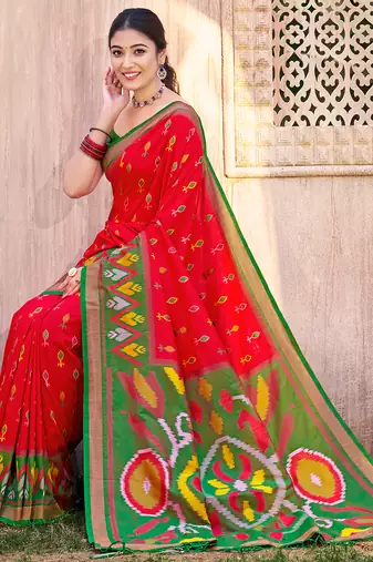 red color pochampalli silk blend fabric designer woven ethnic ceremonial saree