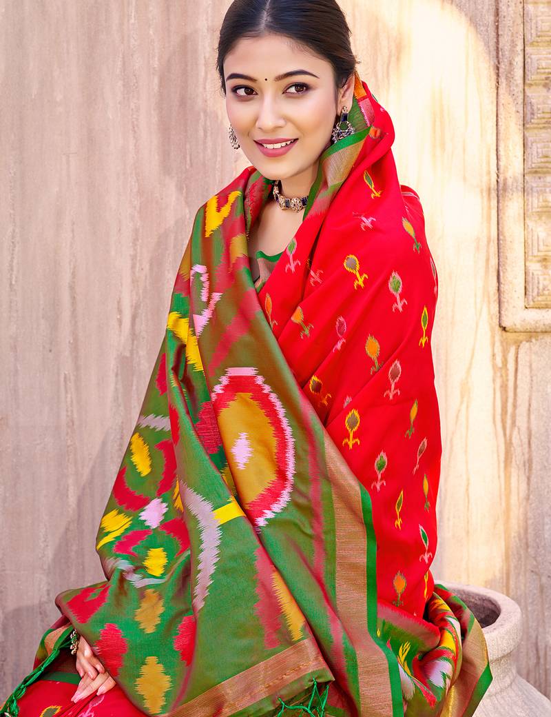 red color pochampalli silk blend fabric designer woven ethnic ceremonial saree