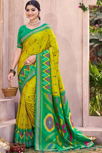 light green color pochampalli silk blend fabric designer woven ethnic ceremonial saree