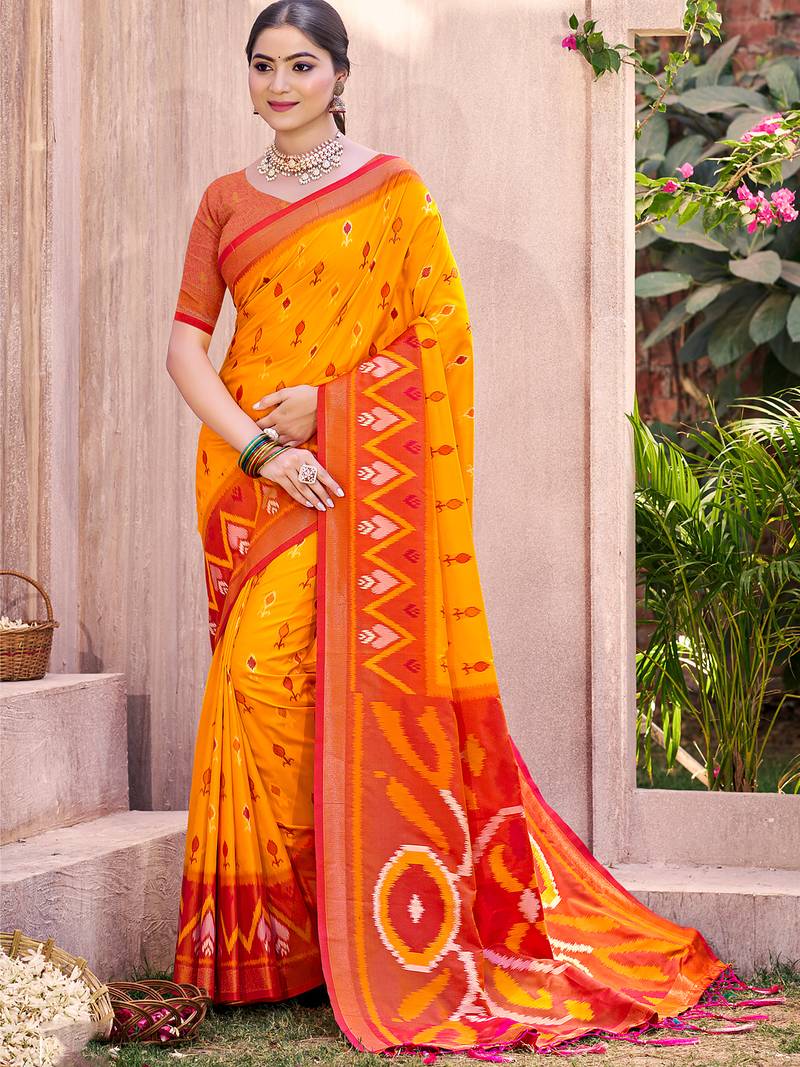 yellow color pochampalli silk blend fabric designer woven ethnic ceremonial saree
