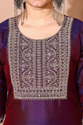Purple Color Art Silk Embroidered Kurti Pant With Orgenza Digital Print Dupatta