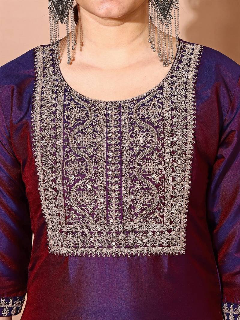 Purple Color Art Silk Embroidered Kurti Pant With Orgenza Digital Print Dupatta