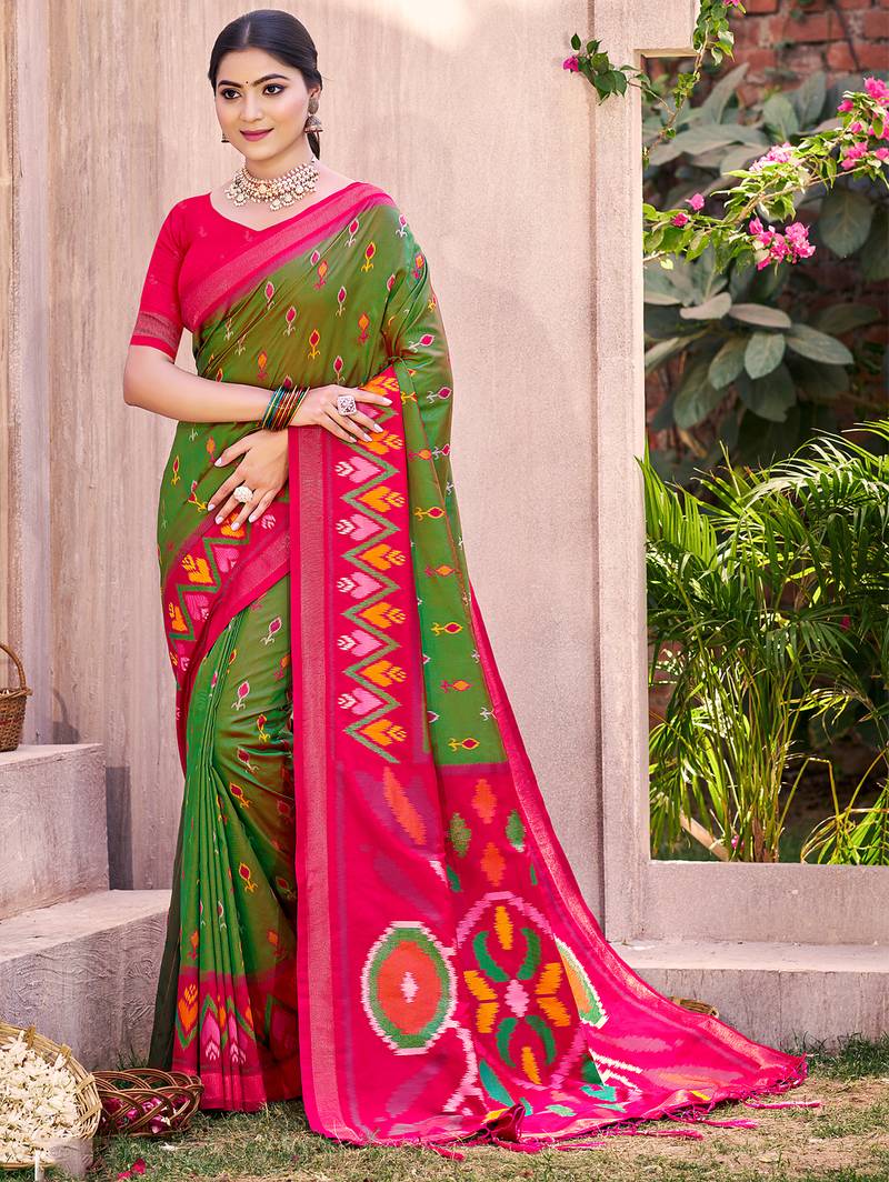 mehandi  color pochampalli silk blend fabric designer woven ethnic ceremonial saree