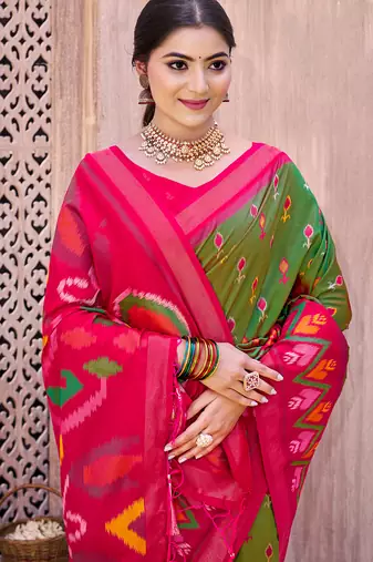 mehandi pochampalli silk blend woven ethnic ceremonial saree