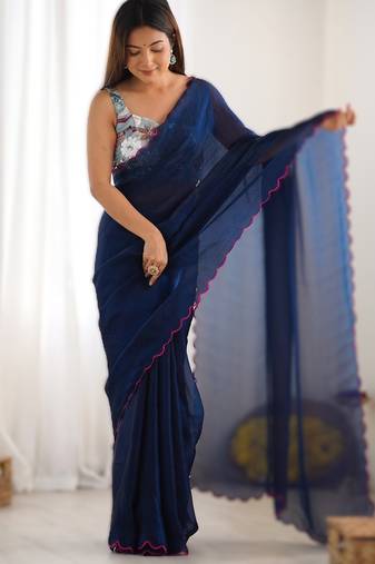 navy_blue most demanded pure space silk saree with scalloped border & designer beaded blouse