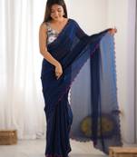 navy_blue most demanded pure space silk saree with scalloped border & designer beaded blouse