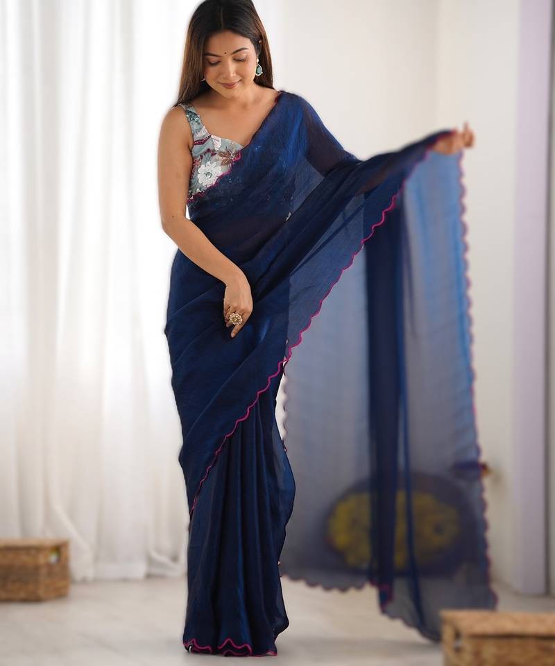 navy_blue most demanded pure space silk saree with scalloped border & designer beaded blouse