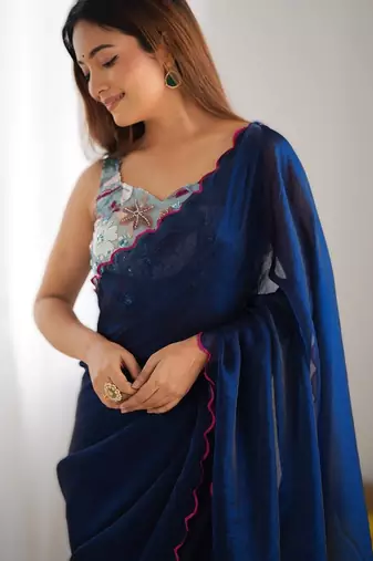 navy_blue most demanded pure space silk blend saree with scalloped border & beaded blouse