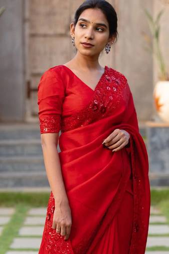 Red Color Plain Saree With Sequins Embroidery Work Satin Silk Blend Saree