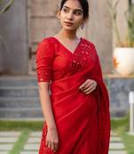 Red Color Plain Saree With Sequins Embroidery Work Satin Silk Blend Saree
