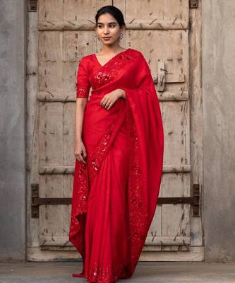 Red Color Plain Saree With Sequins Embroidery Work Satin Silk Blend Saree 2