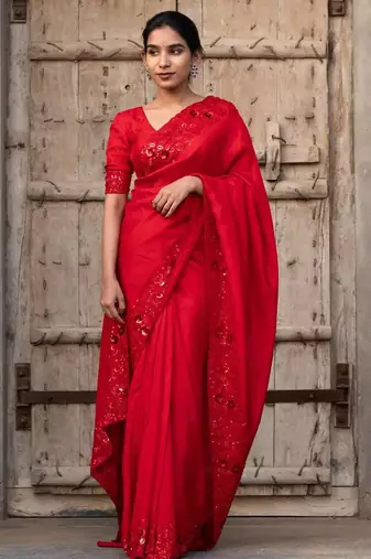 Red Color Plain Saree With Sequins Embroidery Work Satin Silk Blend Saree
