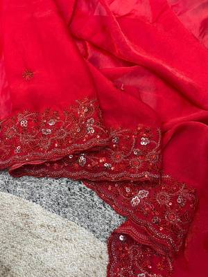 Red Color Plain Saree With Sequins Embroidery Work Satin Silk Blend Saree 3