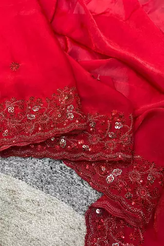 Red Color Plain Saree With Sequins Embroidery Work Satin Silk Blend Saree