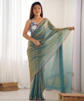 green most demanded pure space silk blend saree with scalloped border & beaded blouse 1