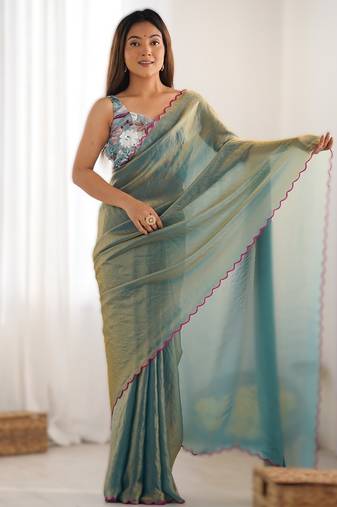 green most demanded pure space silk saree with scalloped border & designer beaded blouse