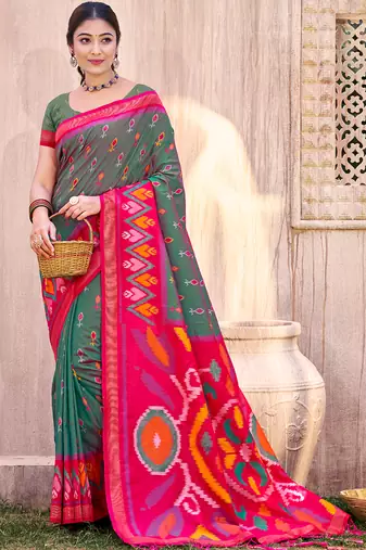 gray color pochampalli silk blend fabric designer woven ethnic ceremonial saree