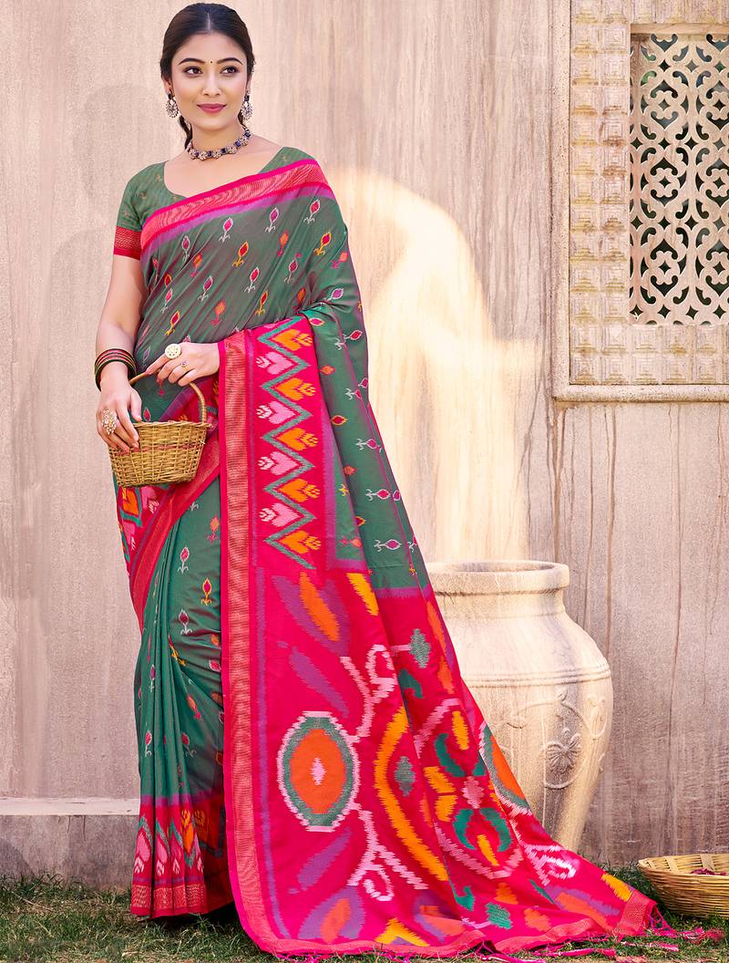 gray color pochampalli silk blend fabric designer woven ethnic ceremonial saree