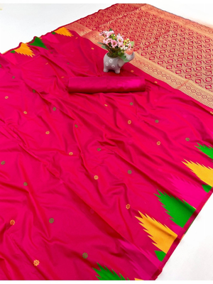 pink silk blend saree with zari butti and rich pallu 1