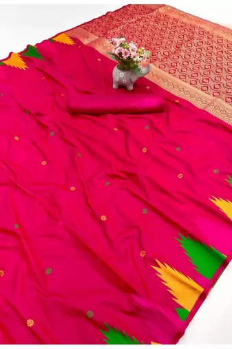 pink banarasi silk blend saree with zari butti and rich pallu