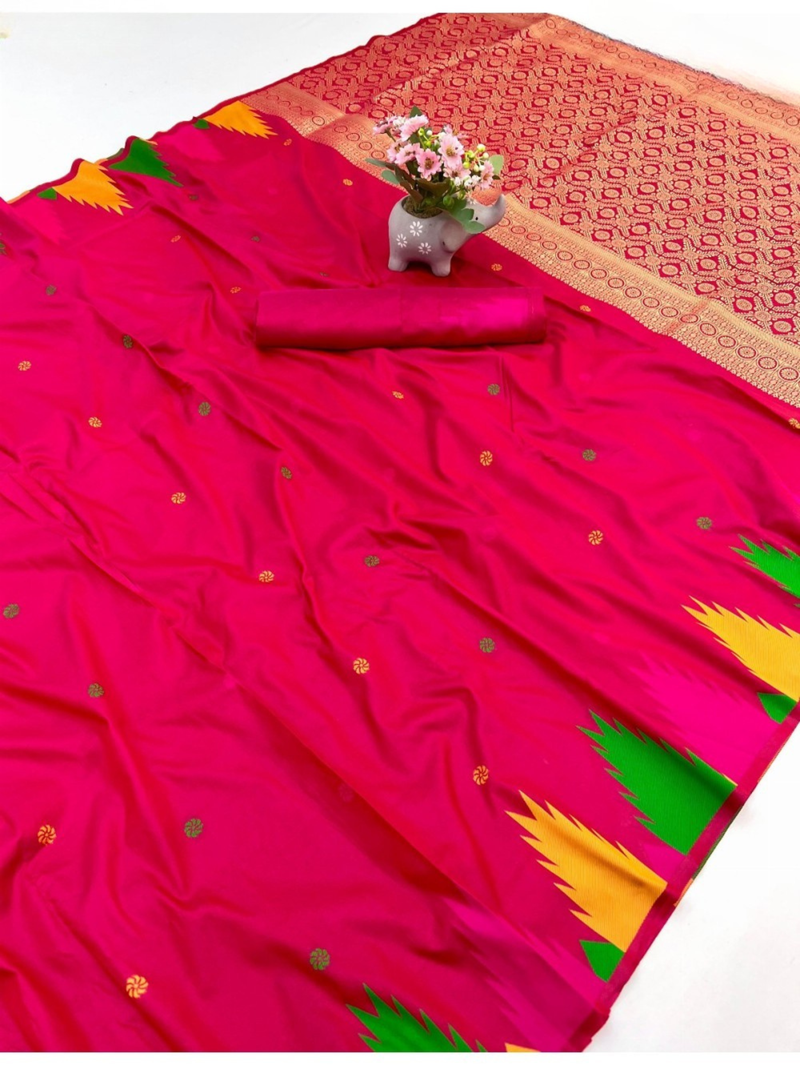 pink banarasi silk blend saree with zari butti and rich pallu