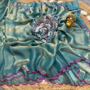 green most demanded pure space silk blend saree with scalloped border & beaded blouse 3
