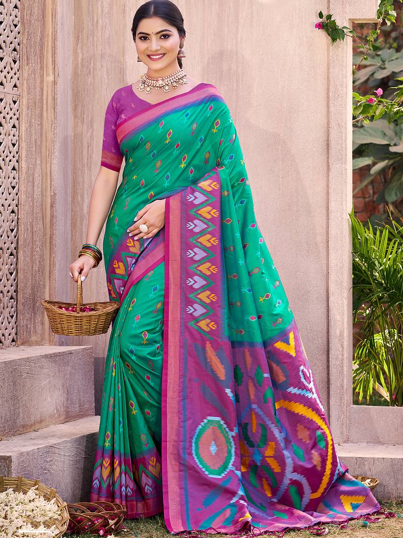 rama green color pochampalli silk blend fabric designer woven ethnic ceremonial saree