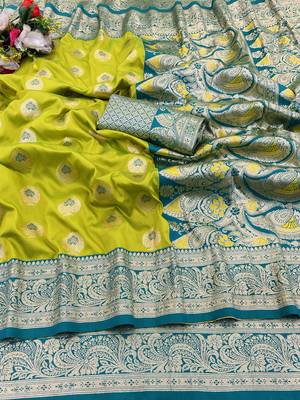 lime silk blend kanjivaram zari woven saree with rich border 1
