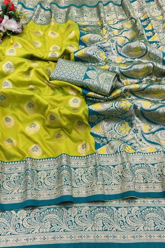 lime banarasi silk blend kanjivaram zari woven saree with rich border
