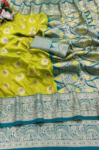 lime banarasi silk blend kanjivaram zari woven saree with rich border