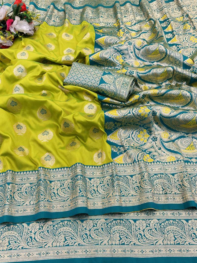 lime banarasi silk blend kanjivaram zari woven saree with rich border