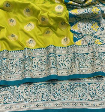 lime silk blend kanjivaram zari woven saree with rich border 2