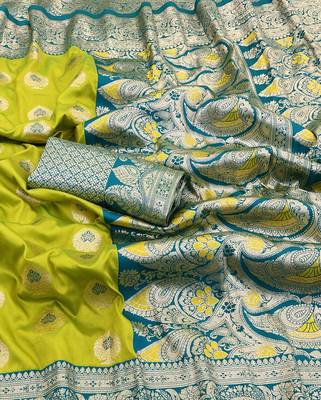 lime silk blend kanjivaram zari woven saree with rich border 3
