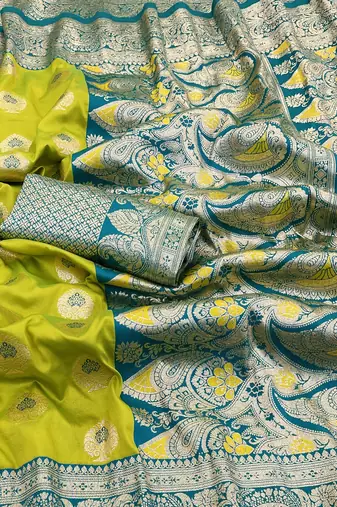 lime silk blend kanjivaram zari woven saree with rich border