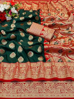 dark green silk blend kanjivaram zari woven saree with rich border 1