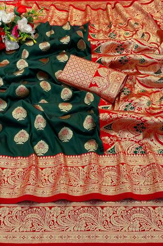 dark green banarasi silk blend kanjivaram zari woven saree with rich border