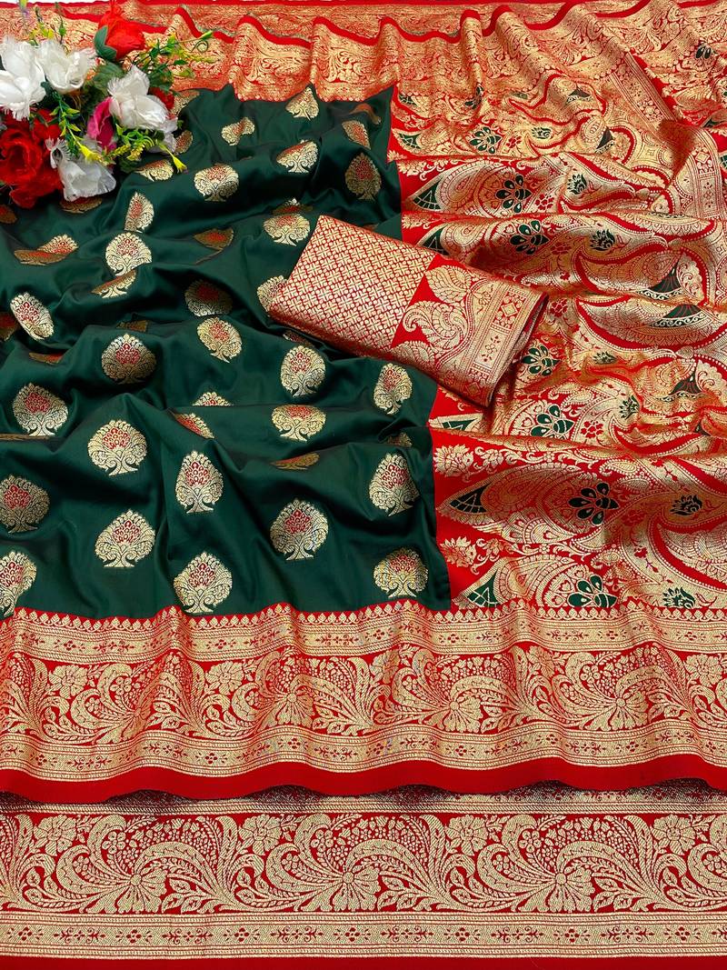 dark green banarasi silk blend kanjivaram zari woven saree with rich border