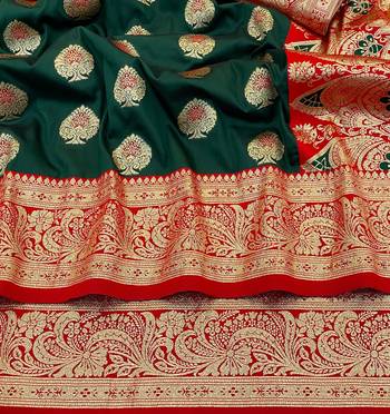 dark green silk blend kanjivaram zari woven saree with rich border 2