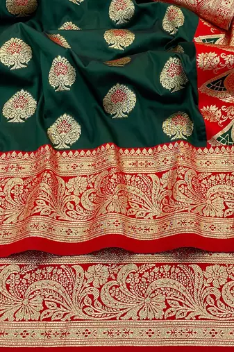 dark green silk blend kanjivaram zari woven saree with rich border