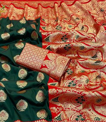 dark green silk blend kanjivaram zari woven saree with rich border 3