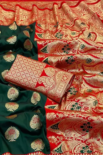 dark green silk blend kanjivaram zari woven saree with rich border