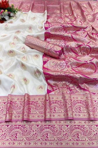 white banarasi silk blend kanjivaram zari woven saree with rich border