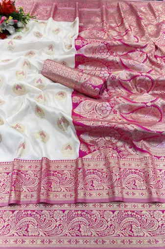 white banarasi silk blend kanjivaram zari woven saree with rich border