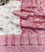 white banarasi silk blend kanjivaram zari woven saree with rich border