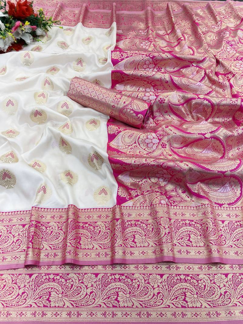 white banarasi silk blend kanjivaram zari woven saree with rich border
