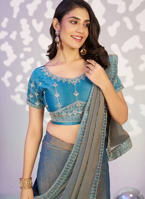 grey ethnic embroidered moss chiffon girlie partywear saree 3